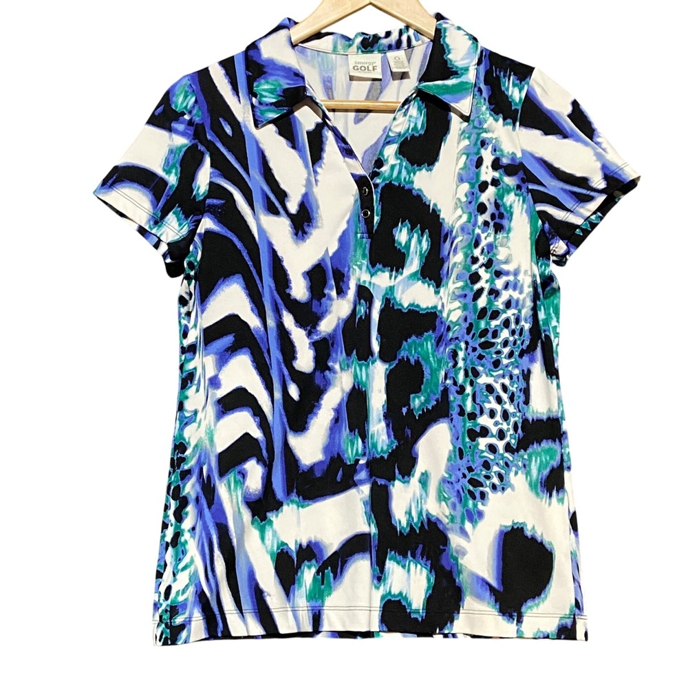 Chicos Zenergy Golf‎ Polo Shirt Women's Small Blue Green Abstract Animal Print
